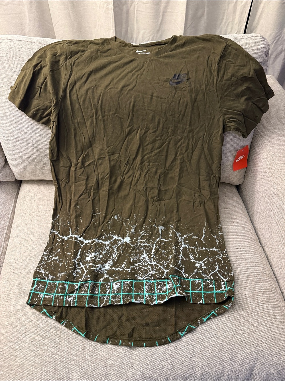 Nike Olive Green Short Sleeve Tee with White Splatter and Teal Grid